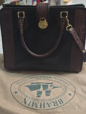 Brahmin Black Leather Satchel with Brown Croc-Embossed Trim and Gold Hardware